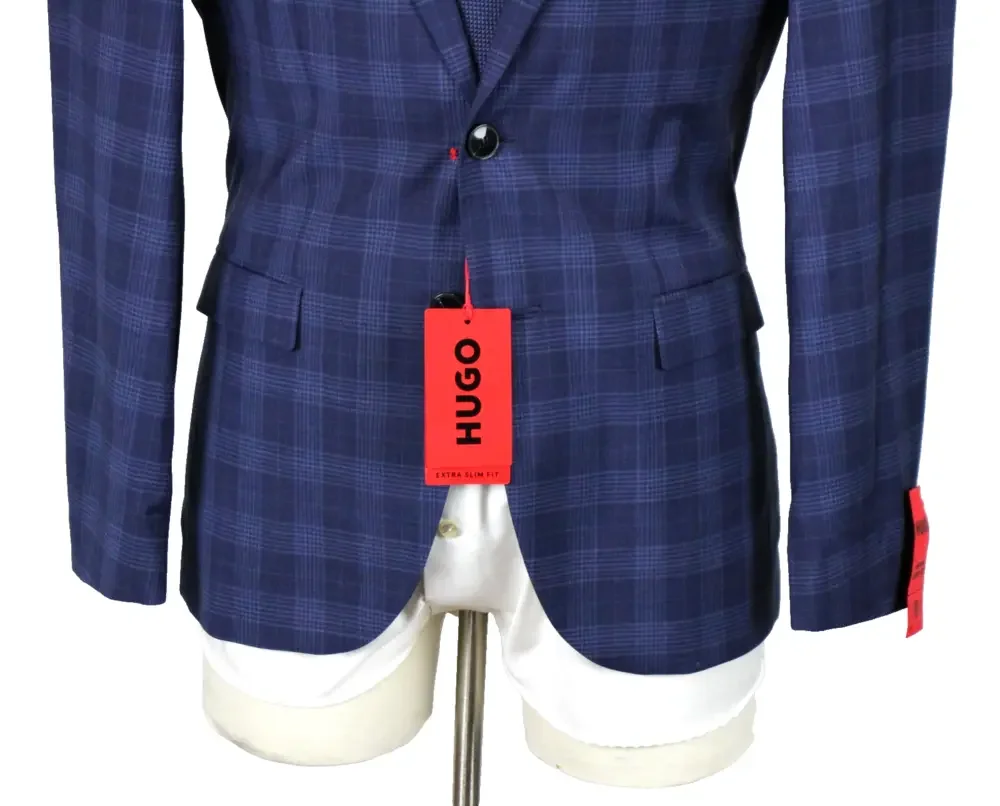 Hugo Sport Coat 46 R Mens Blue Plaid Extra Slim Fit Arti232X Super Flex Wool